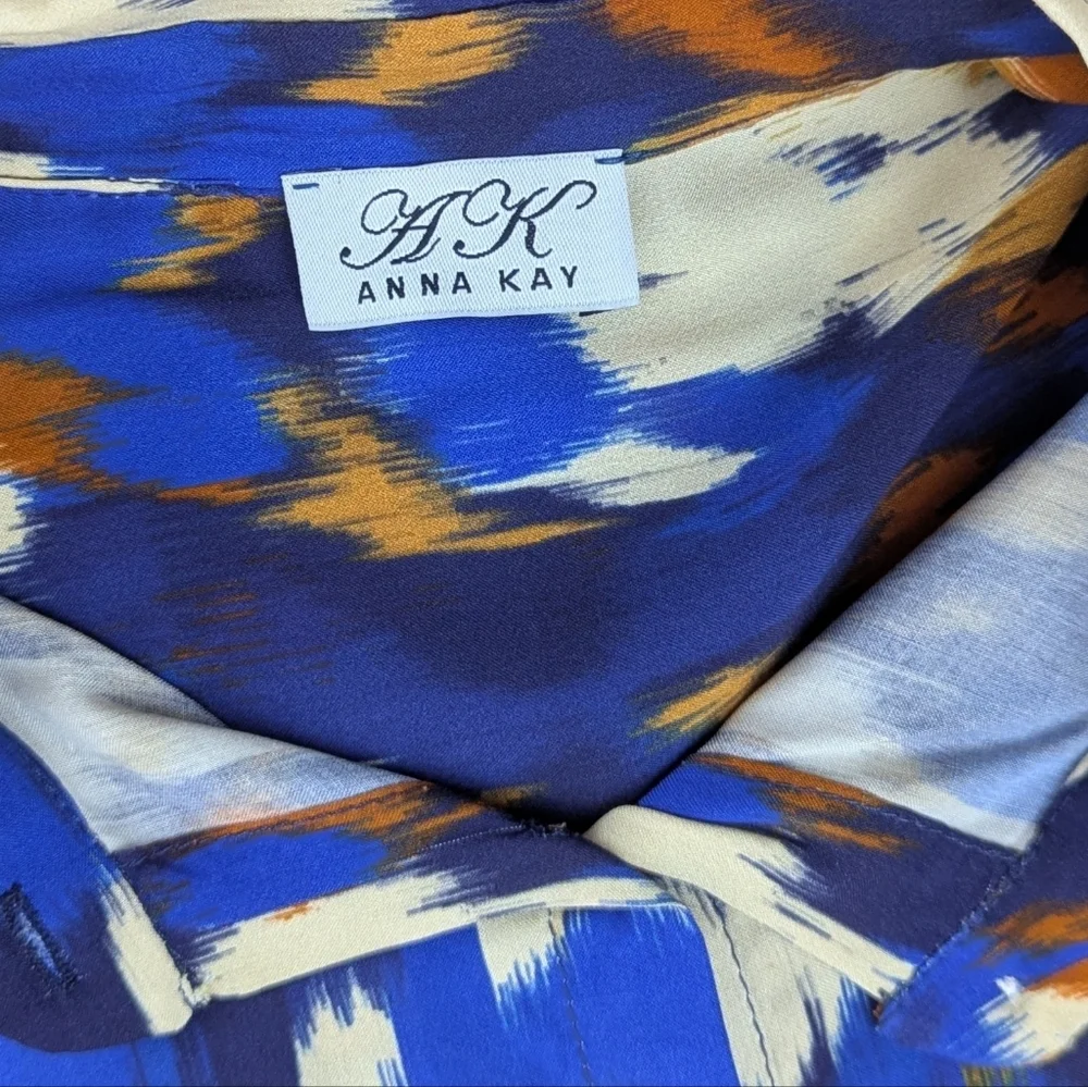 ANNA KAY Button Front Blouse Top Long Sleeve Spread Collar Abstract Print Blue L - Picture 10 of 11